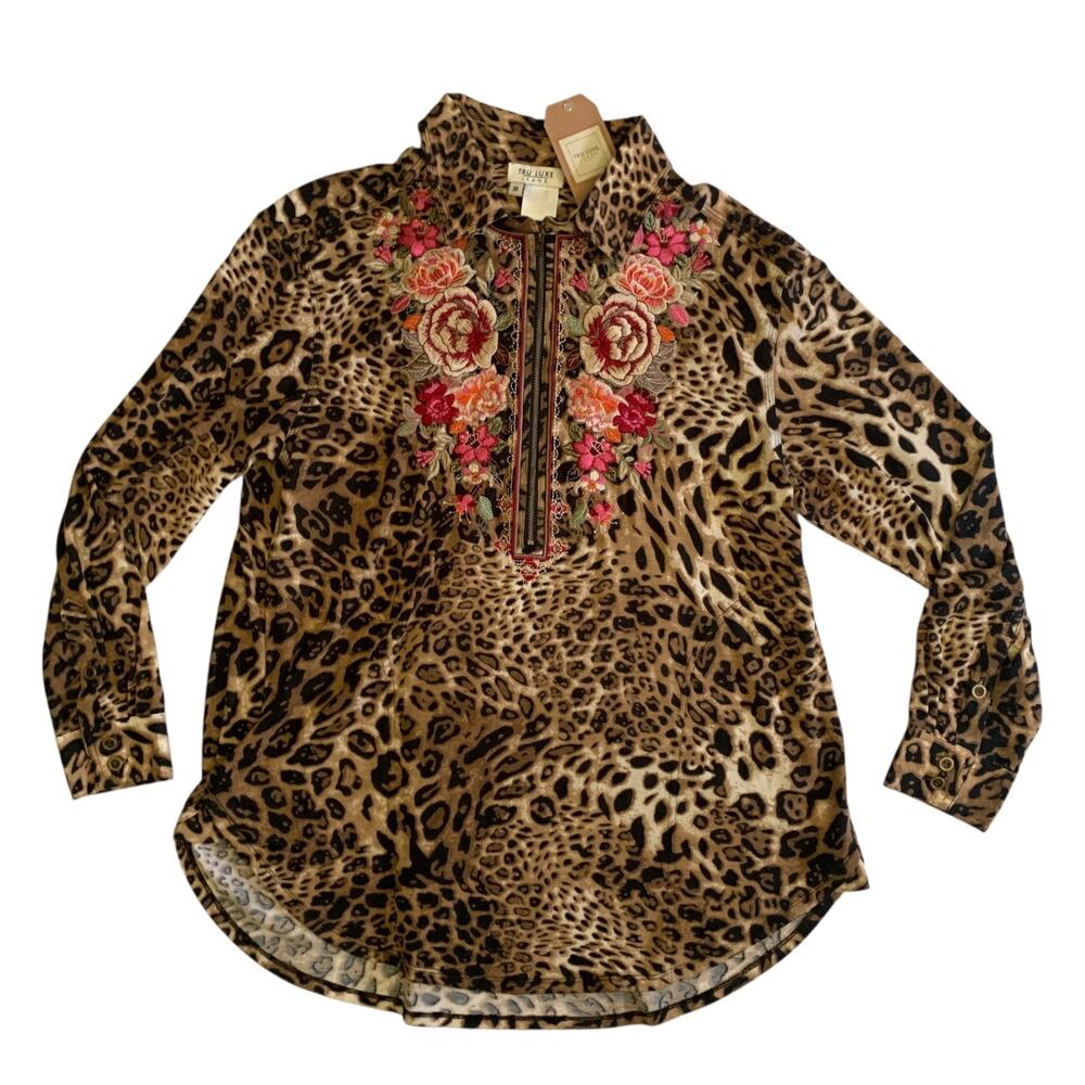 Tru Luxe Jeans Leopard Print Embroidered Tunic in Brown and Pink